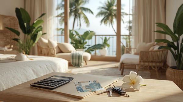 Vue d'une chambre polynésienne avec un calculatrice et des documents en premier plan, laissant penser à un moment de calcul de l'impostion