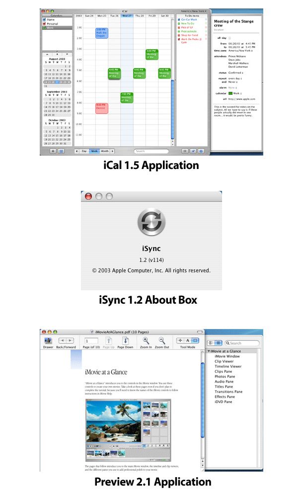iCal 1.5, iSync 1.2, Preview 2.1 스크린샷