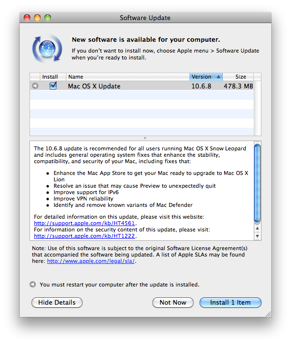 Mac OS X Snow Leopard 10.6.8 업데이트