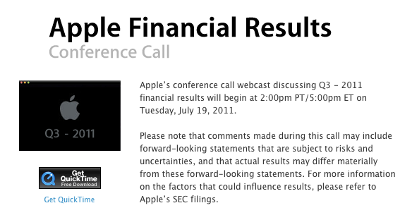 Apple. 2011년 3/4분기 실적 발표 컨퍼런스 콜 예정.