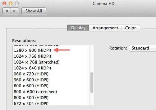 OS X Lion. Retina 디스플레이를 위한 HiDPI 모드 탑재