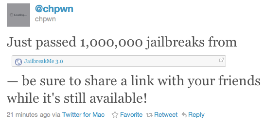 JailbreakMe.com을 통한 탈옥 건수 100 만건 돌파