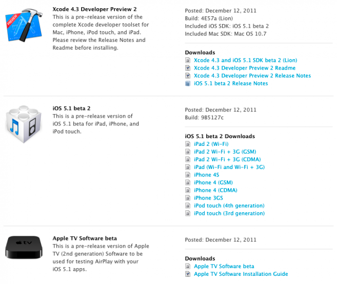 Apple, iOS 5.1 Beta 2, Apple TV Software, Xcode 4.3 Preview 2가 Developers에 배포.