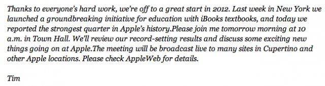 Tim Cook, Team에게 보낸 미팅 안내 메일.