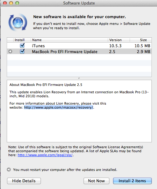 Apple, Mid 2010 MacBook Pro EFI Firmware 배포. 인터넷 복구 가능.