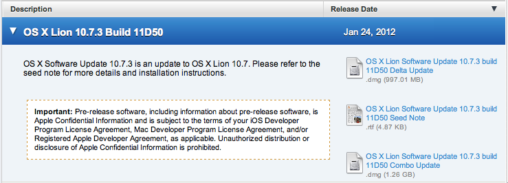 Apple, OS X 10.7.3 Build 11D50 디벨로퍼에 배포.