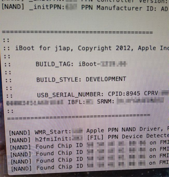 iPad 3 프로토 타입의 디버깅 화면에서 A6 프로세서와 GSM/CDMA/LTE 대응 모델임을 확인.