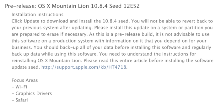 OS X Mountain Lion 10.8.4 build 12E52 개발자들에게 제공