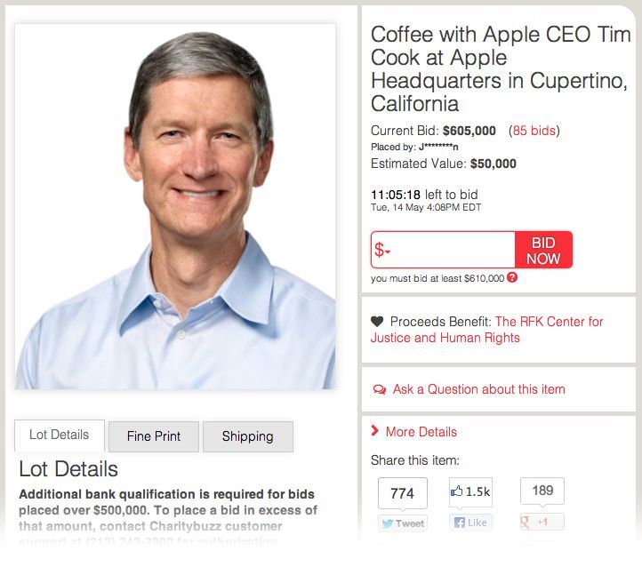 Tim Cook CEO와의 티타임 경매 종료를 하루 앞두고 $650,000의 입찰가로 진행 중