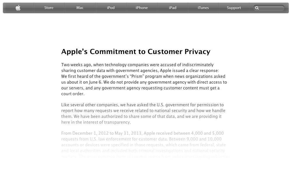 Apple, 고객의 정보 보호에 관한 Apple Commitment to Customer Privacy 문서 제공