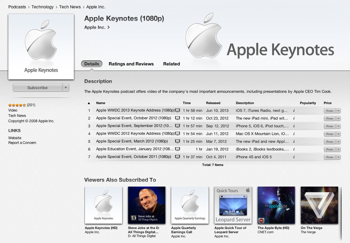 Apple, Keynote 2013 HD 팟캐스트로 제공