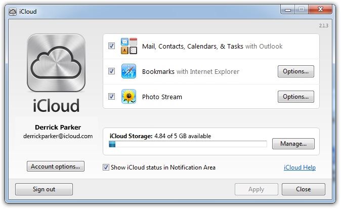 iCloud Control Panel 2.1.3 for Windows Vista 제공