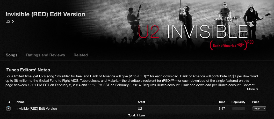 iTunes. 1곡 다운로드시 1달러가 기부되는 U2의 Invisible (RED) Edit Version을 한시적으로 무료 제공