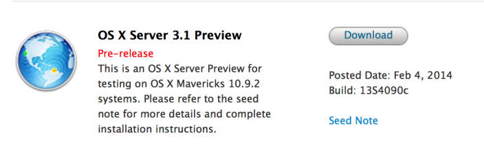 Apple. OS X Server 3.1 Preview Build 13S4090c 업데이트 개발자에 제공