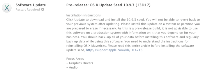 OS X Mavericks 10.9.3 Build 13D17 업데이트 개발자 버전 제공