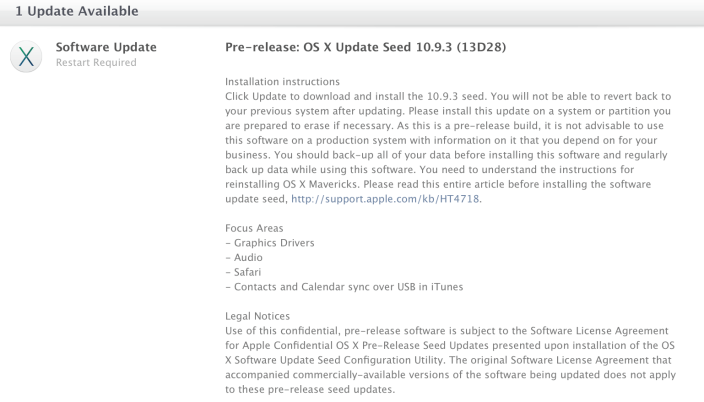 OS X 10.9.3 Build 13D28 업데이트 개발자들에게 제공