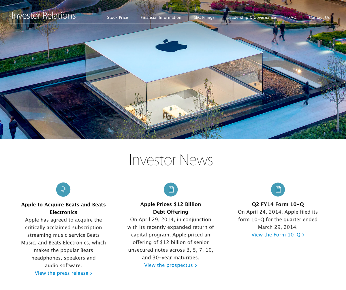 Apple 투자자를 위한 정보 제공 페이지 Investor News 리뉴얼