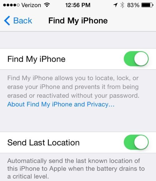 iOS 8. 나의 iPhone 찾기 마지막 위치를 Apple에 전송하는 옵션 추가