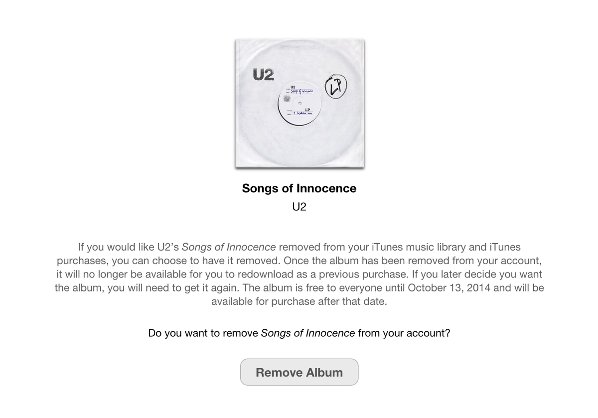 U2의 iTunes 선물 앨범 Songs of Innocence 삭제시 유료로 변경되.