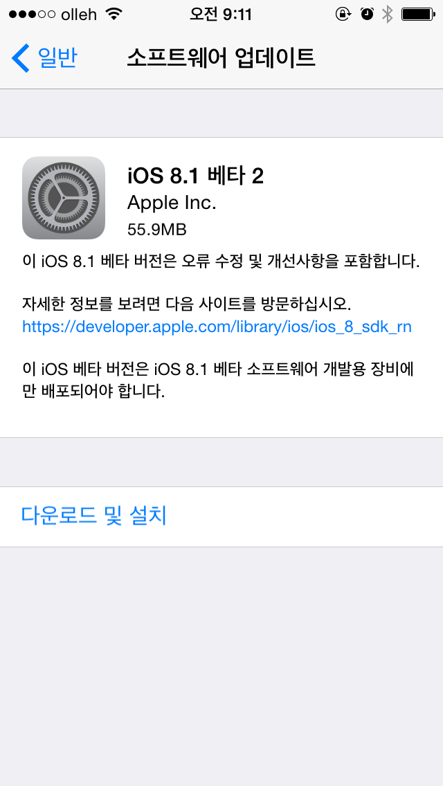 iOS 8.1 beta 2 업데이트.