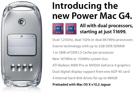 PowerMac G4의 전 모델이 듀얼 프로세서, 최고속도는1.2GHz