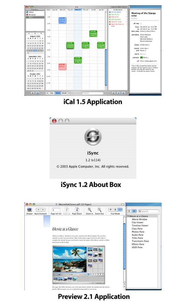 iCal 1.5, iSync 1.2, Preview 2.1 스크린샷