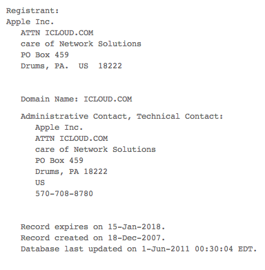 iCloud.com 도메인 등록 정보가 업데이트 등록자 이름 Apple.