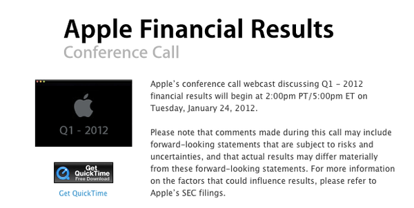 Apple, 2012년도 1분기 실적 발표 컨퍼런스 콜 예정.