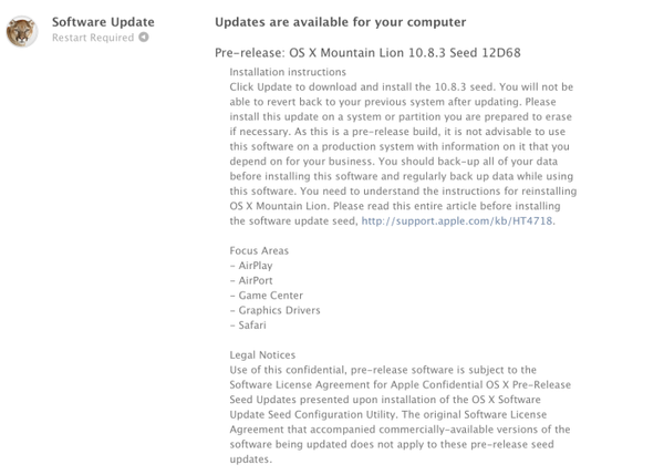 OS X Mountain Lion 10.8.3 build 12D68 개발자에게 제공