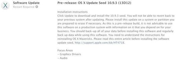 OS X Mavericks 10.9.3 Build 13D12 개발자들에게 발표