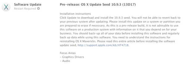 OS X Mavericks 10.9.3 Build 13D17 업데이트 개발자 버전 제공