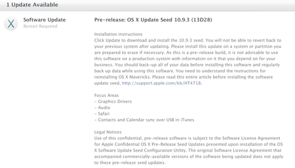 OS X 10.9.3 Build 13D28 업데이트 개발자들에게 제공