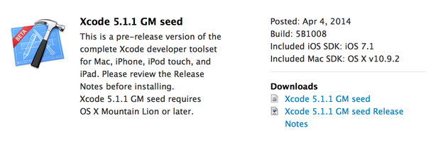 Xcode 5.1.1 골든 마스터 버전 릴리즈