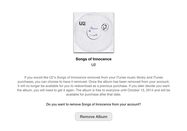 U2의 iTunes 선물 앨범 Songs of Innocence 삭제시 유료로 변경되.