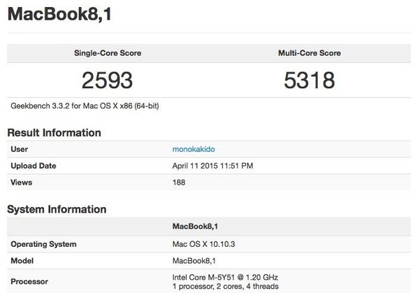 MacBook 12형 벤치마크 결과.