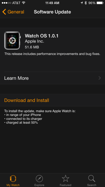 새로운 이모티콘 추가 및 안정이 향상 된 Watch OS 1.0.1 업데이트.