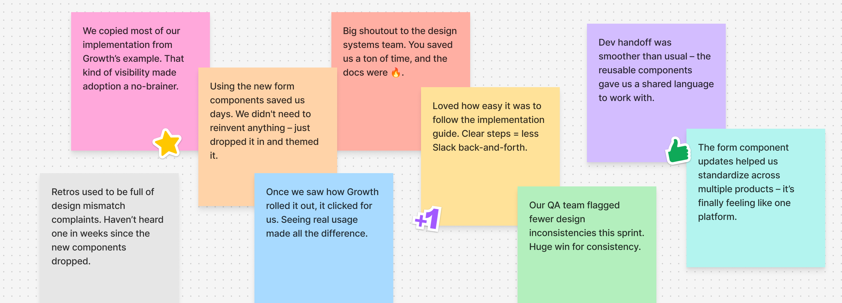A collection of colorful sticky notes with positive feedback about adopting new design system components, highlighting ease of use, implementation speed, improved consistency, and reduced developer friction.