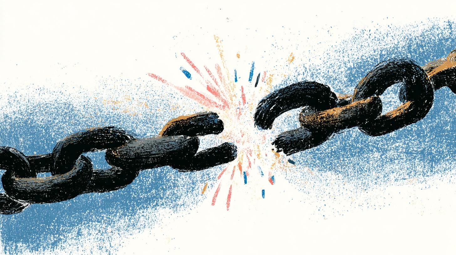 Illustration of a chain breaking apart with colourful sparks at the snapping point.