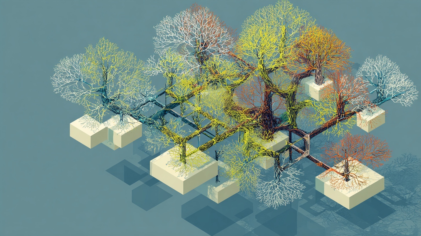 Abstract isometric illustration of interconnected trees growing from floating platforms, symbolising branching systems and networked complexity.