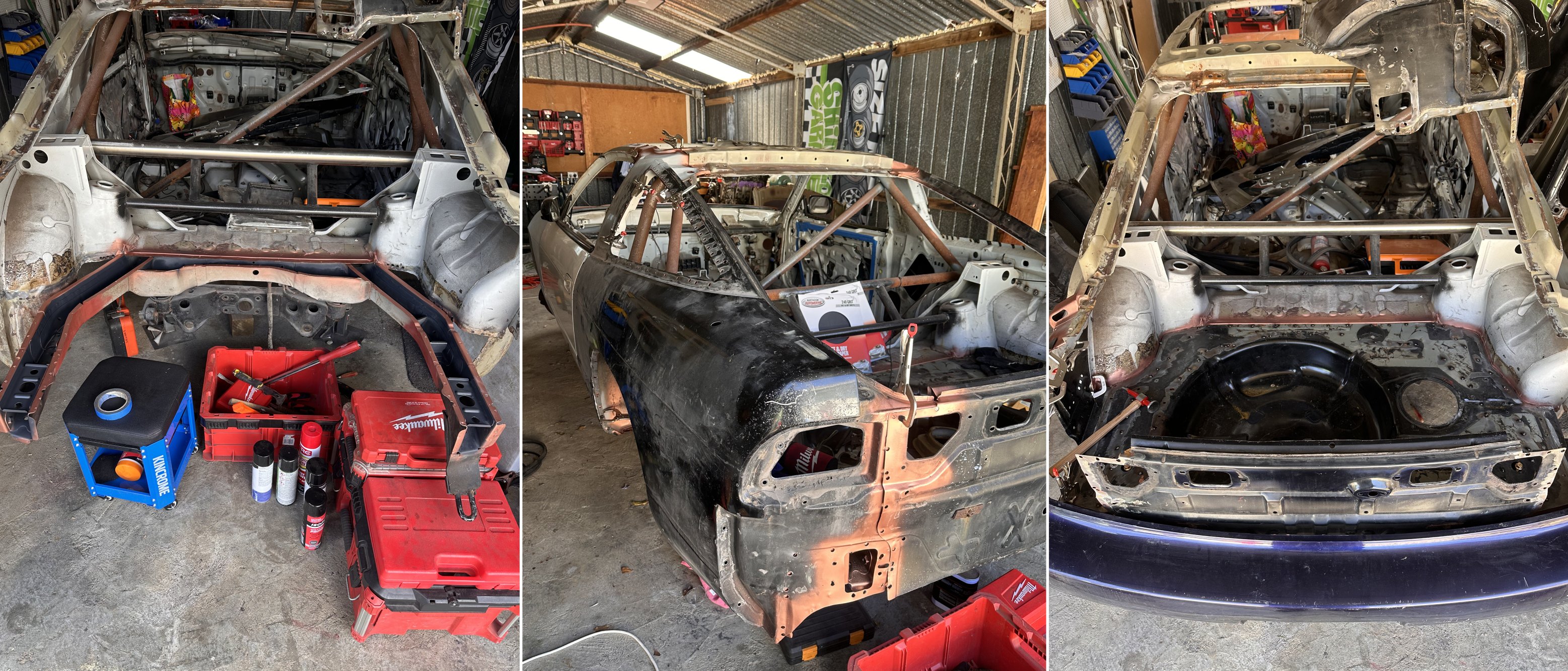 Three garage images showing progressive restoration work on a Nissan 180SX shell. Left: exposed rear chassis with a roll cage and tools arranged below. Centre: side view showing partial panel replacement and structural reinforcement. Right: closer view of a cleaned-up trunk floor and rear panel, with the shell taking shape.