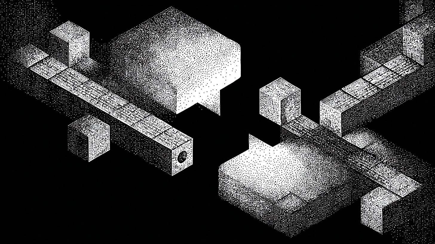 Isometric illustration of disconnected architectural platforms and bridges in black and white halftone style