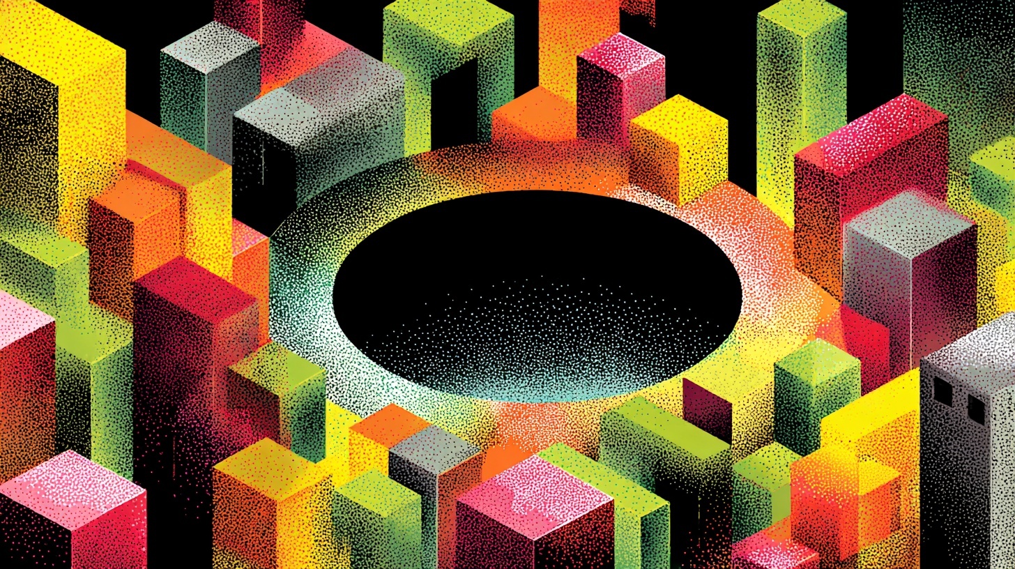 Illustration of colorful 3D block-like buildings surrounding a large black circular void in the center.