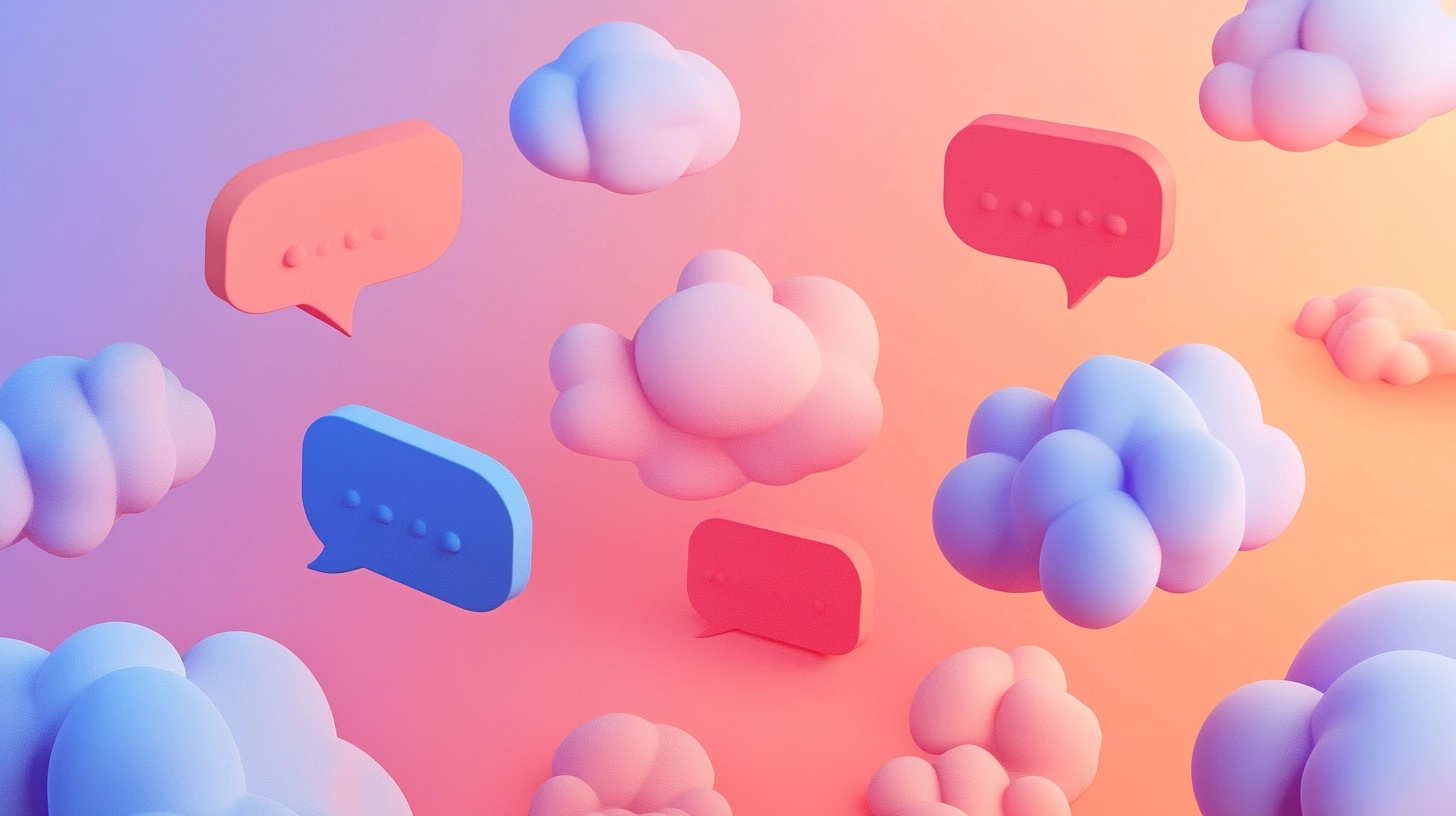 Floating speech bubbles in blue, pink, and red, interspersed with soft, fluffy cloud-like shapes, set against a gradient background transitioning from peach to lavender, creating a whimsical and conversational atmosphere.