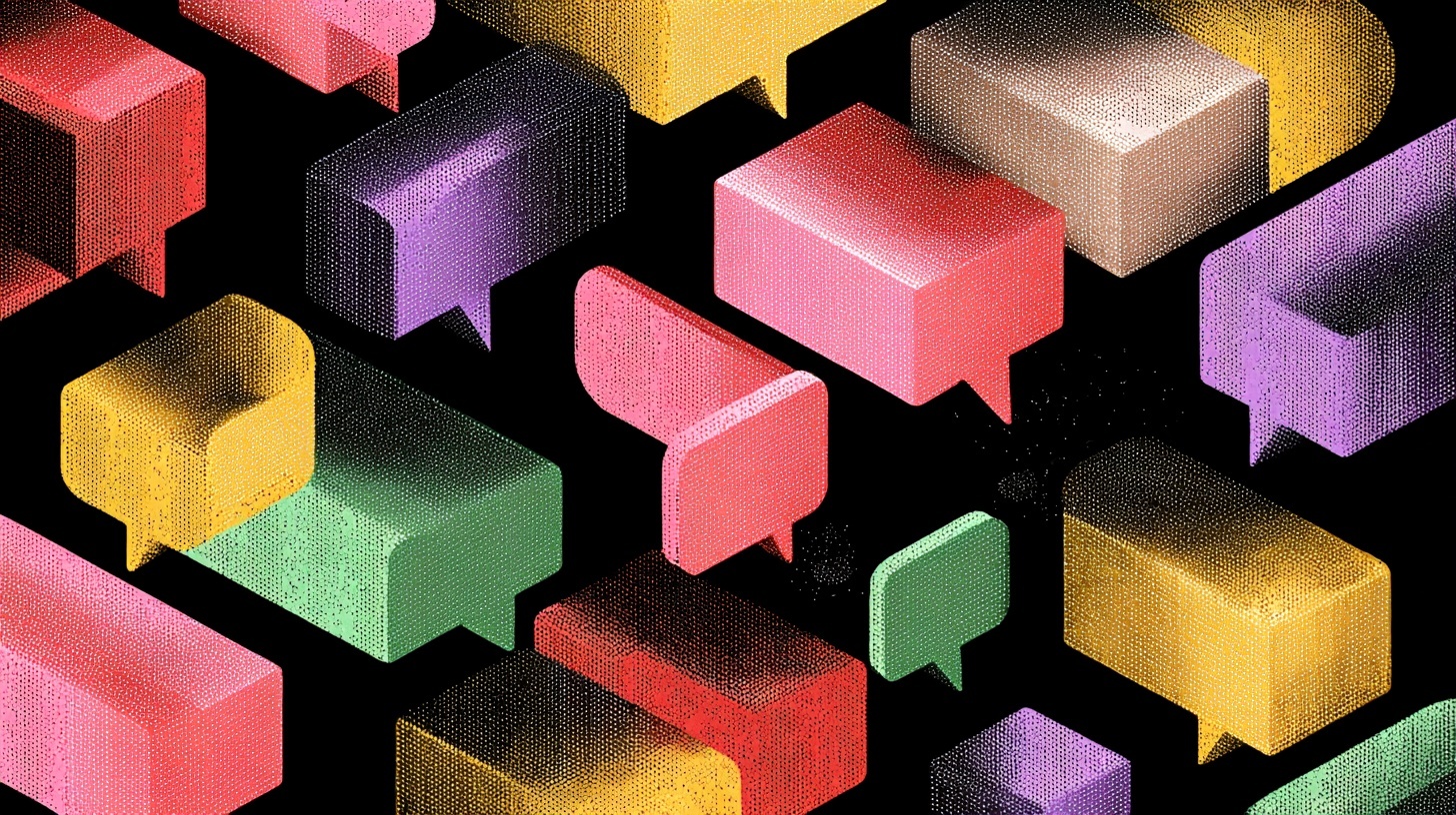 Illustration of colorful 3D speech bubbles in various shapes and sizes floating against a black background.