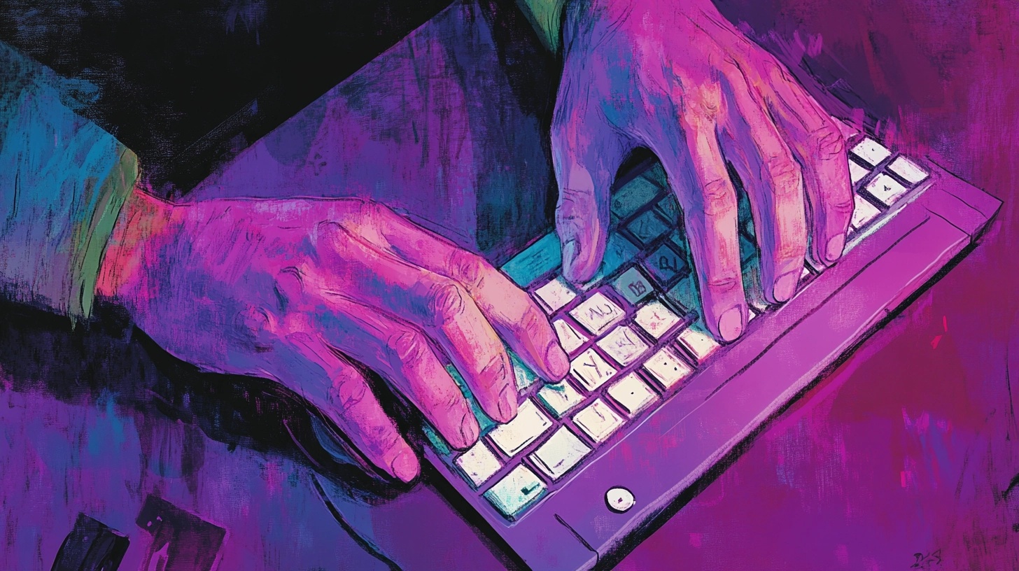 Close-up of hands typing on a keyboard in a vibrant, neon-colored style.