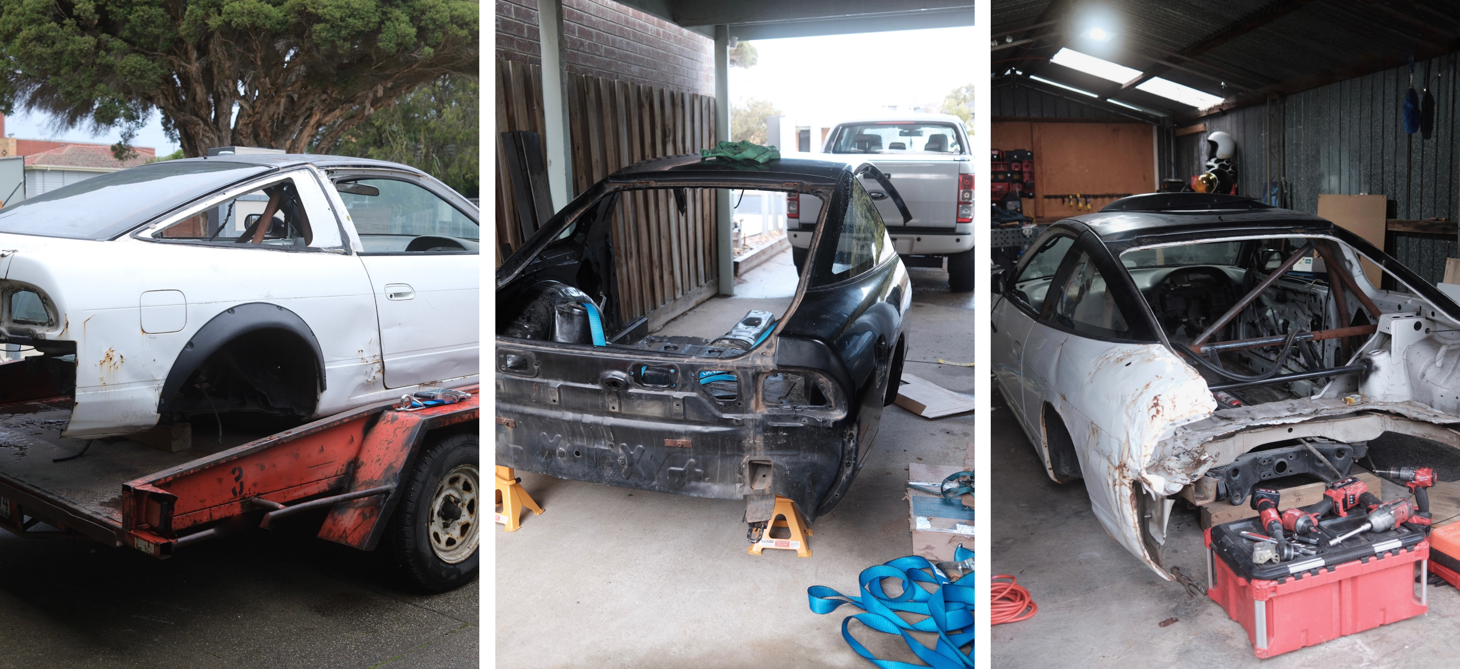 Three side-by-side photos showing the restoration process of a Nissan 180SX shell. Left: a white shell with missing wheels on a rusty trailer. Centre: a stripped black rear half of the car up on jack stands. Right: the combined shell with visible rust and tools underneath, inside a garage