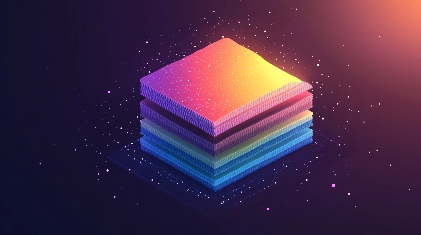 Colorful stacked layers representing a digital data structure in a glowing, cosmic environment.