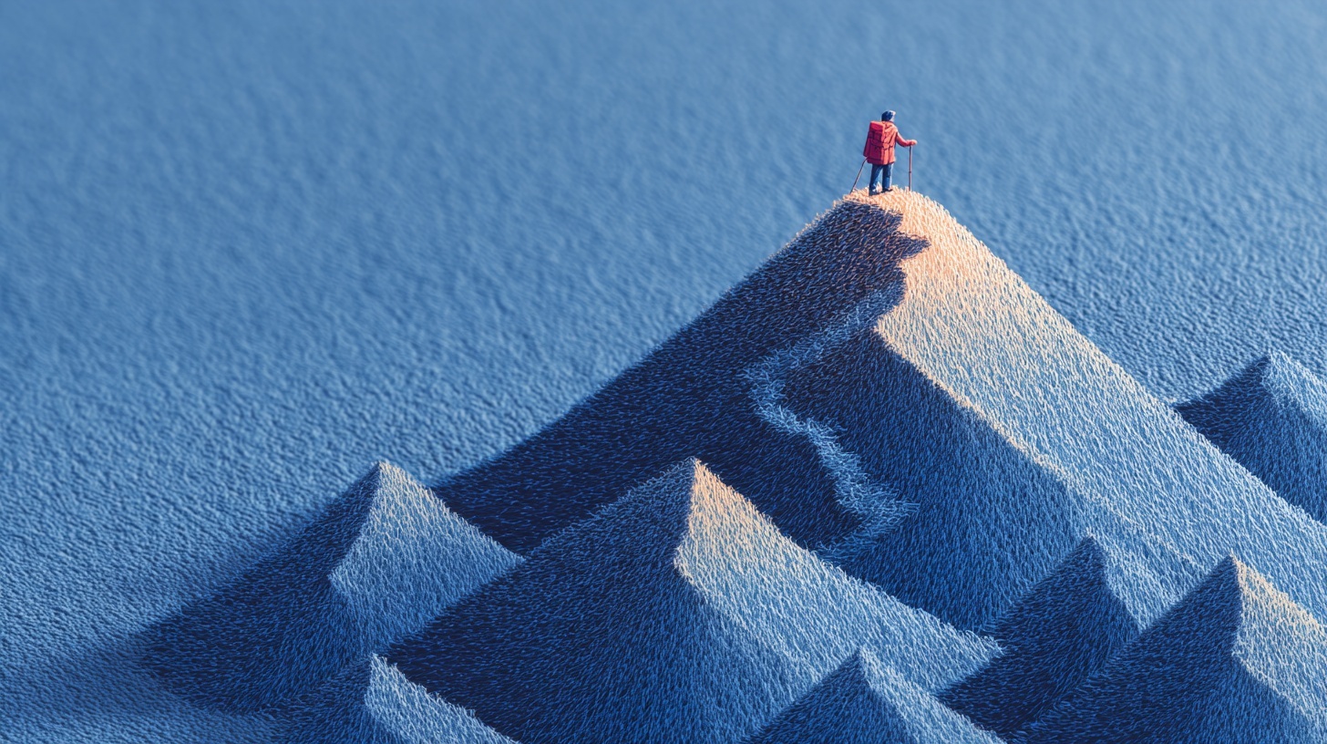 A lone hiker with a red backpack stands at the peak of a textured blue mountain, overlooking a range of angular mountain peaks below.