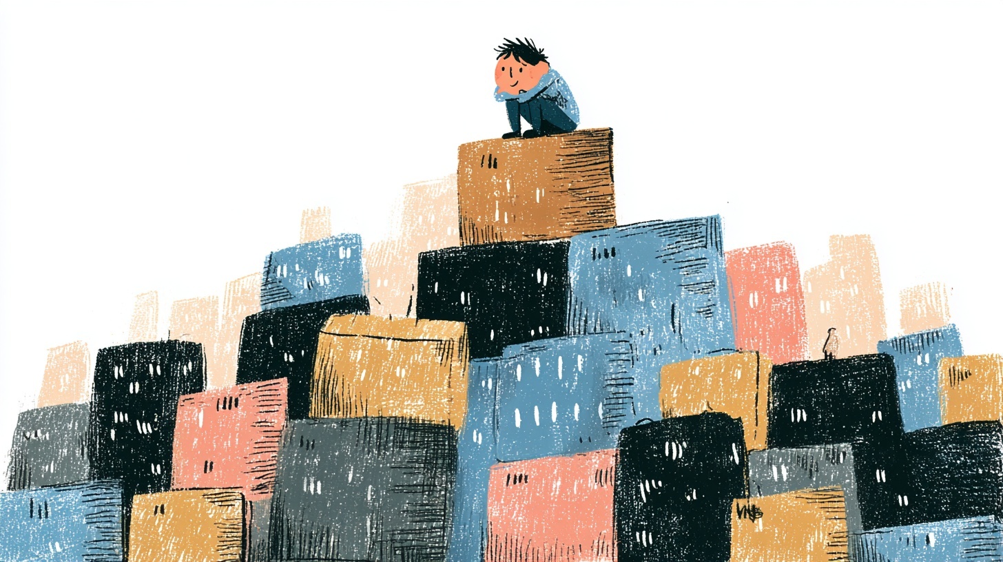 Illustration of a person sitting pensively on top of a tall pile of stacked, colourful boxes.