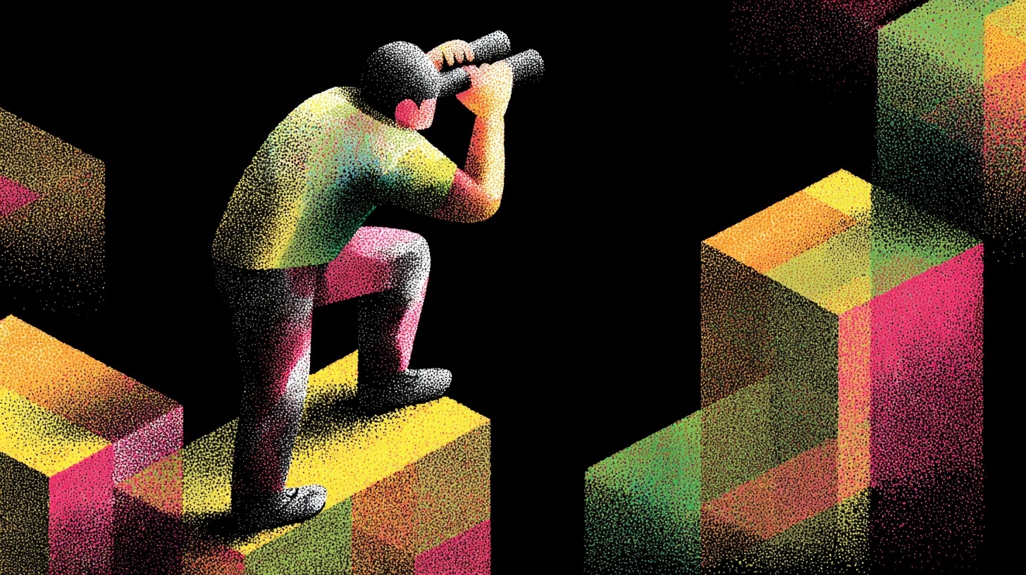 Illustration of a person kneeling on a colorful block structure, looking through binoculars toward other geometric blocks against a black background.